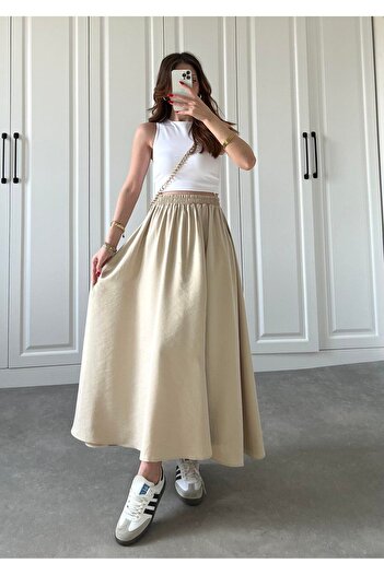 manana fashion Лійозел тканина з еластичним поясом, колір каменю, довга спідниця