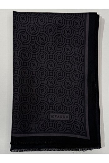 Vakko Tivil Monogram Silk Shawl 41407-Black