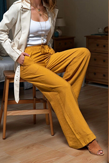 bacc Women's Mustard Linen Elastic Waist Loose Trousers Bcbsk-25700-2933