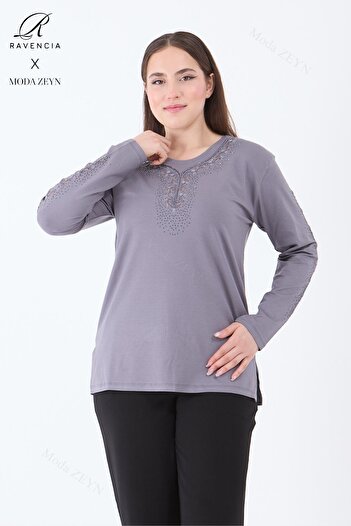 Ravencia Women's Middle Age and Above Viscose Stripe Flower Pattern Stone Embroidered Lycra Gray Mother Combed Cotton Blouse