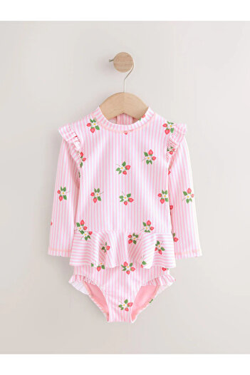 Next Baby Sun Proof Upf50 One Piece Pink Strawberry Print Long Sleeve Swimsuit Alyab7039