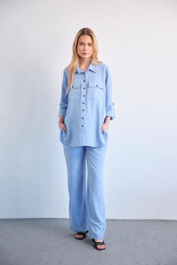 BUSA Maternity Loose Wide Leg Adjustable Waist Shirt Set Blue