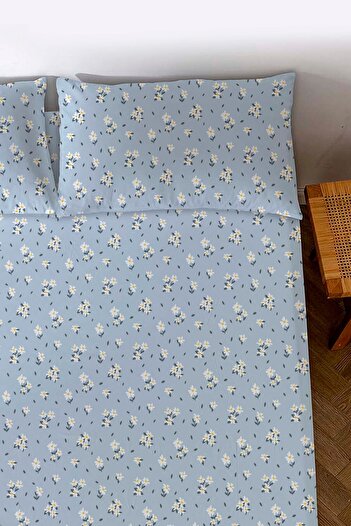Rivaİstanbul Blue Minimal Daisy Double Bed Sheet Cotton
