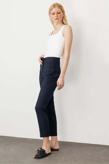 Desen Triko Women's Belt Side Elastic Ankle Length Summer Fabric Trousers Navy Blue