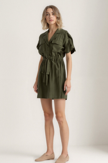Vitrin Tie Waist Cover Pocket Short Sleeve Crinkle Fabric Dress