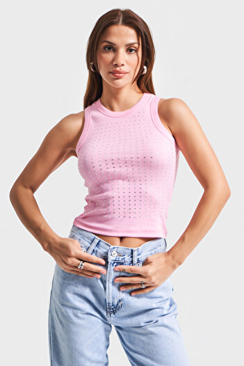 its basic Kadın Pembe Renk S5-98 Halter Yaka İnce Fitilli Kumaş Parlak Taşlı Tasarım Body