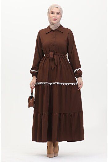 sefamerve Belted Pom Pom Dress - Brown, Model 0482-01