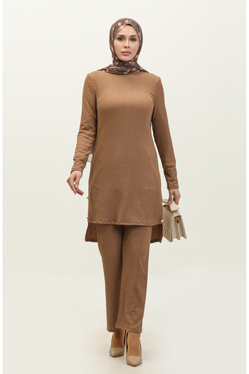 sefamerve Brown Tunic and Trousers Double Set - Button Detailed 0101DA-02