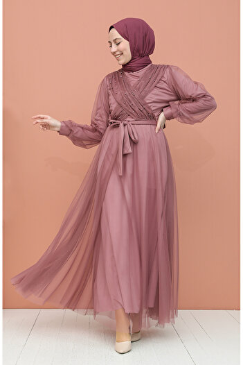 sefamerve Dried Rose Pearl Tulle Evening Dress - 81778-05