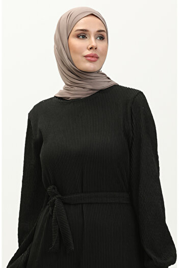 sefamerve Belgüzar Eteği Büzgülü Elbise NZR003A-03 Siyah