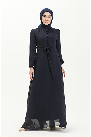 sefamerve Navy Blue Chiffon Evening Dress with Button Detail, Model 5695-11