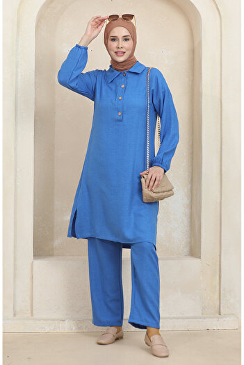sefamerve Blue Shirt Collar Tunic and Trousers Set - 1003-01