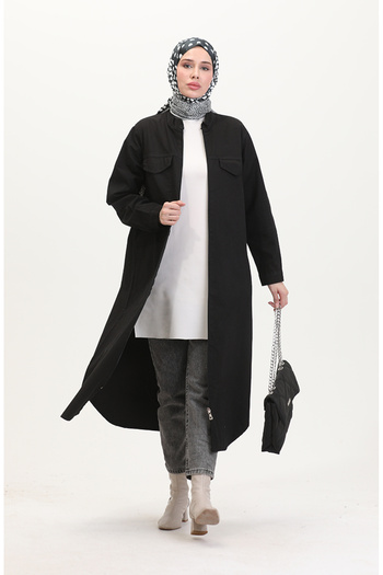 sefamerve Black Plus Size Zippered Denim Tunic - 35301-02
