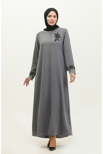 sefamerve Gray Embroidered Large Size Lace Ferace 5065-05