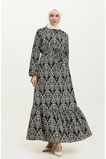sefamerve Viscose Melike Patterned Black Ecru Dress - 0348-01