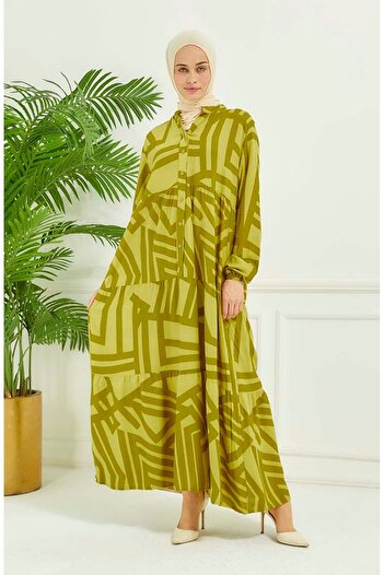 sefamerve Oil Green Geometric Patterned Dress - 4106-06