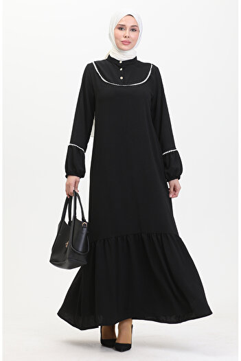 sefamerve Black Embroidered Dress - Elastic Sleeve, Model 0470-01