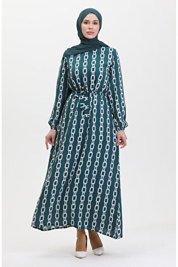 sefamerve Green Chain Patterned Rubber Sleeve Dress - 0453-04