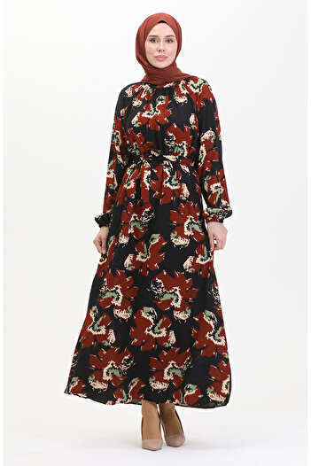 sefamerve Brick Colored Raglan Sleeve Belted Dress - 0476-01