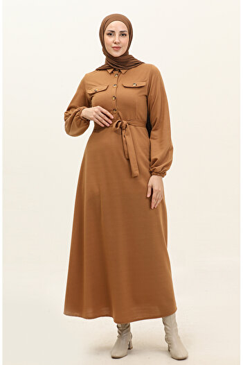 sefamerve Milk Coffee Cup Dress - Pocket Detailed, Model 0331-05