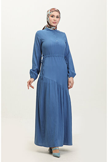 sefamerve Indigo Gathered and Side Tied Dress - 0363-06