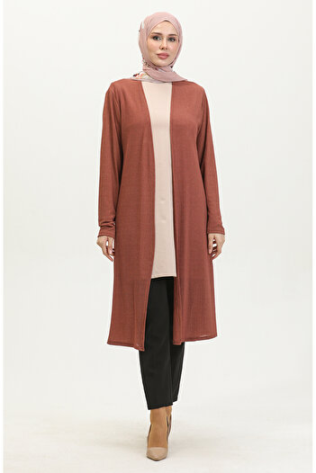sefamerve 8727-03 Model Long Dark Tile Plain Draped Cardigan