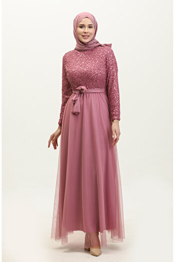 sefamerve Dried Rose Lace Belted Evening Dress - 5353A-16