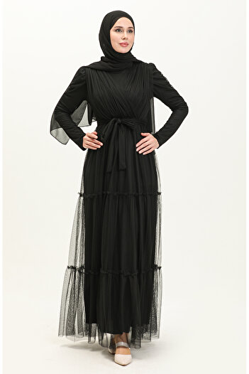 sefamerve Black Pleated Tulle Evening Dress - 5562-06 Model