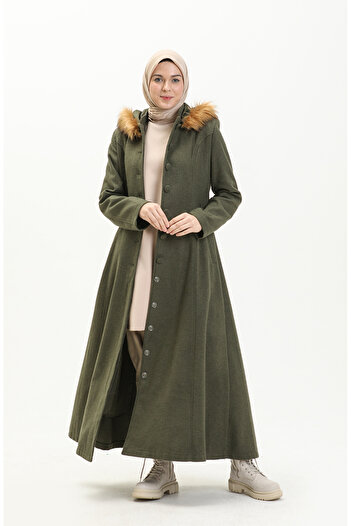 sefamerve Khaki Green Hooded Cashmere Coat -712010-04