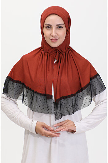 sefamerve Brick Color Tulle Detailed Practical Shawl - 1270-10