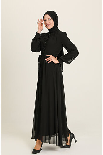 sefamerve Black Chiffon Evening Dress - Button Detail, Model 5695-01