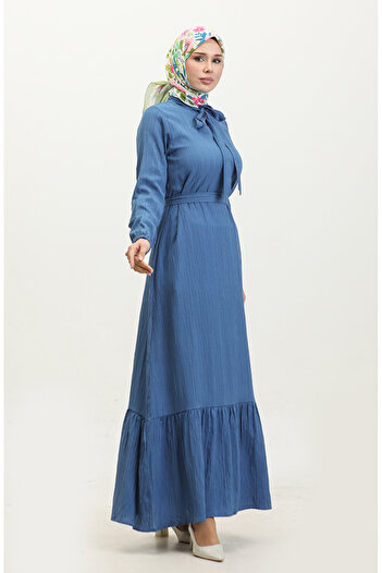 sefamerve Indigo Sare Dress with Tie Collar and Gathered Skirt 0357-05