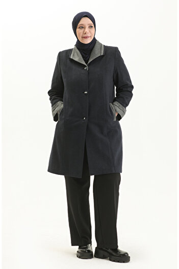 sefamerve Plus Size Buttoned Cashmere Coat 0328-05 Navy Blue