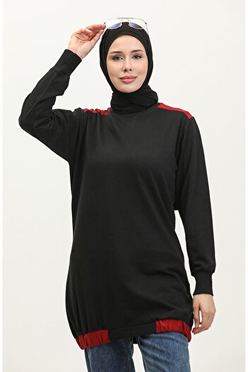 sefamerve Claret Red Black Crew Neck Sweatshirt - 23086-02
