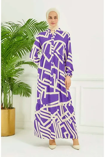 sefamerve Lilac Geometric Patterned Dress - 4106-02