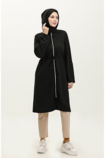 sefamerve Azra Black Hooded and Drawstring Waist Cap 0328-03
