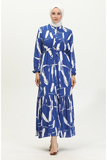 sefamerve Saks Blue Viscose Brush Patterned Drawstring Dress - 81869-01