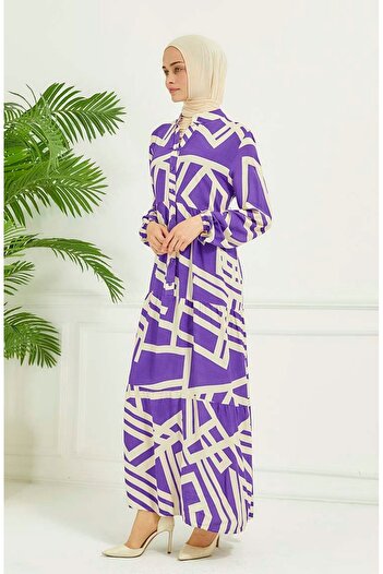 sefamerve Lilac Geometric Patterned Dress - 4106-02