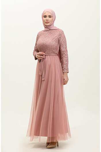 sefamerve Belted Lace Evening Dress - 5353A-20 Dark Powder