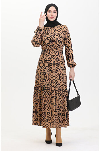 sefamerve Viscose Belted Patterned Dress - 0469-05 Milk Brown