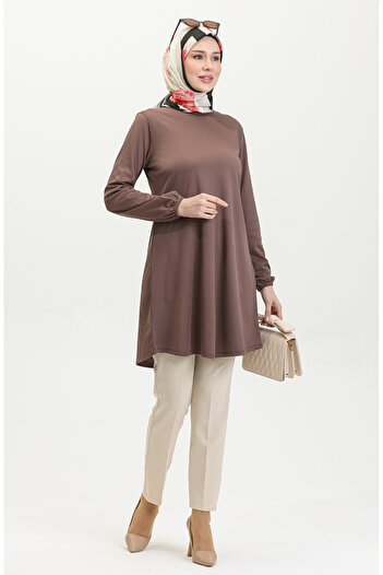 sefamerve 8716-01 Model Brown Plain Seasonal Tunic - Elastic Sleeve