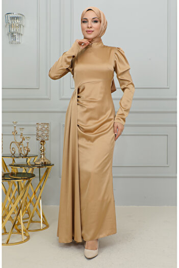 sefamerve Satin Evening Dress - Pleat Detailed, Gold 6154-02