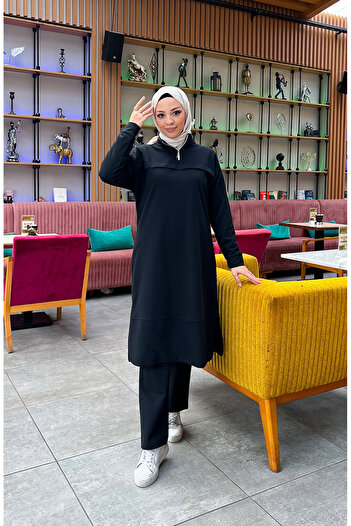 sefamerve Black Tracksuit Set - Zippered, Two Thread 3062-09