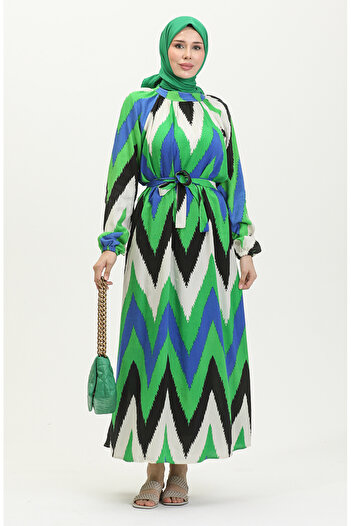 sefamerve Green Patterned Viscose Dress - 0438-03