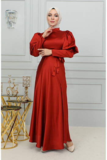 sefamerve Dark Brick Colored Sleeve Detailed Cup Evening Dress - 6084-01