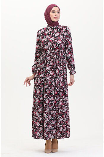 sefamerve Viscose Patterned Black Lilac Dress - Lace-Up Waist 0488-02