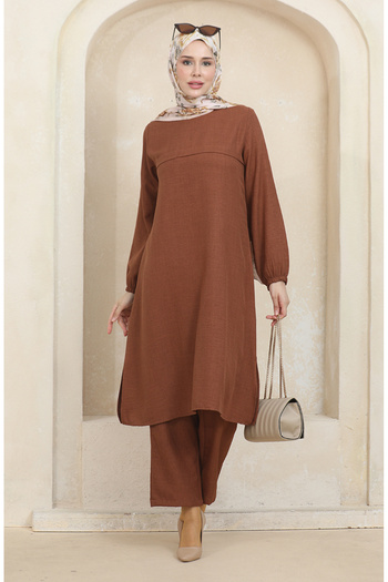sefamerve 1005-05 Model Brown Tunic and Trousers Set - Elastic Sleeve