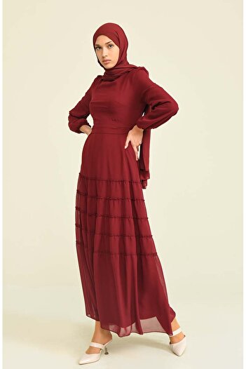 sefamerve Burgundy Evening Dress 5712-04 - Gathered