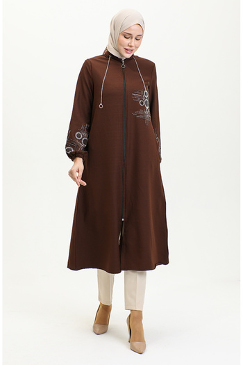 sefamerve Stone Printed Zippered Evening Dress Cap 0411-03 Brown