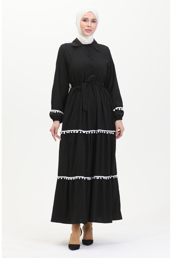 sefamerve Belted Pom Pom Dress - 0482-03 Black